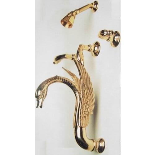 Free shipping Custom-made gold PVD finish swan bathtub shower faucet with shower head Complete 3 Handle Tub & Deluxe Shower Set