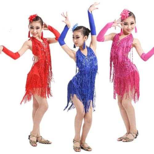 2020 New Girls Kids Modern Ballroom Latin Dance Dress 3 Colors Tassel Fringe Salsa Tango Dance Wear Performance Stage Wear