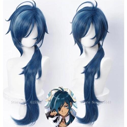 Genshin Impact Kaeya Cosplay Wig Long Blue Anime Cosplay Wigs Heat Resistant Synthetic Wig + Wig Cap