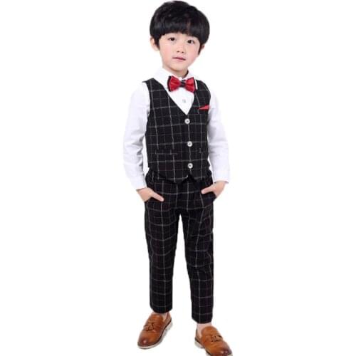 Flower Boys Formal Tuxedo Vest + Pants 2Pcs Clothing Set Kids Wedding Birthday Dress Children Piano Prom Performance Costume