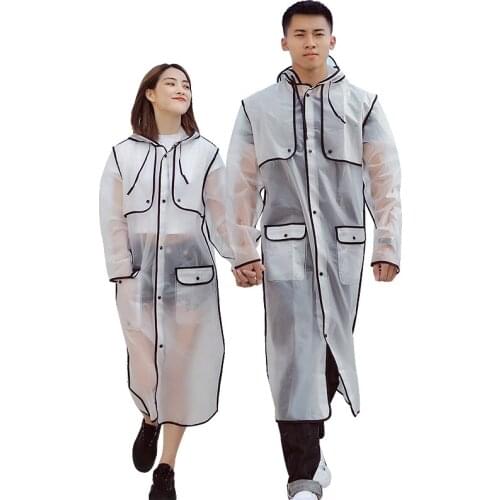 Fashion Womens Transparent Eva Plastic Girls Raincoat Travel Waterproof Rainwear Adult Outdoor Rain Coat Men Trench Coat Hood
