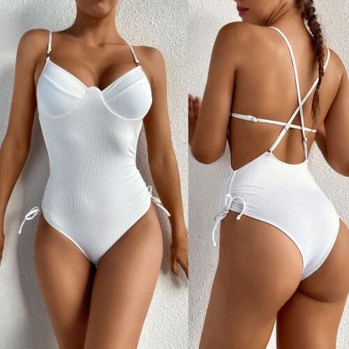 Sexy Lace Up Underwired Ribbed Monokini Women Swimwear One Piece Swimsuit Female Ribbed Padded Bather Bathing Suit Swim 2021