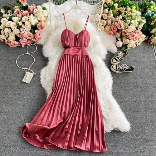 Dresses For Women 2021 Sexy Backless Summer Spaghetti Strap Dress Pleated Long Dress Elegant hollow out Party Dresses