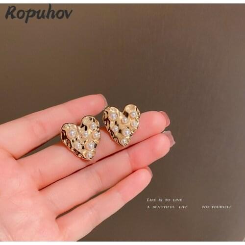 ROPUHOV 2021 New Korean Trendy 925 Silver Needle Pearl Love Earrings Metal Sense Minority Design Earrings Versatile Earrings