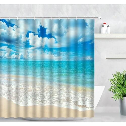 Nordic Style Ocean Scenery Background Decor Hanging Cloth Shower Curtains Sea Wave Beach Natural Landscape Bathroom Curtain Sets