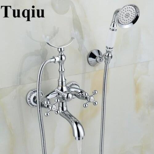 Bathtub Faucet Brass Chrome Silver Wall Mounted Rain Shower Faucet Round Hand held 2 Handle Luxury Bathroom Crane Mixer Tap Set
