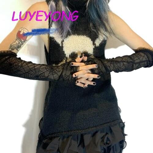 Rock Party Hip-hop Gloves Transparent Punk Mitten 2020 Cool Halloween Mesh Fingerless Cuff Cobweb Lace Gothic Women Black Print