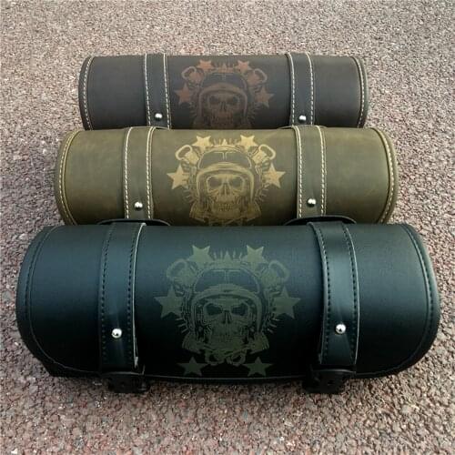 1pc Motorcycle PU Leather Vintage Front Toolkit Bag Saddlebag Round Barrel Saddle Tool Bag For Harley Honda Suzuki Yamaha