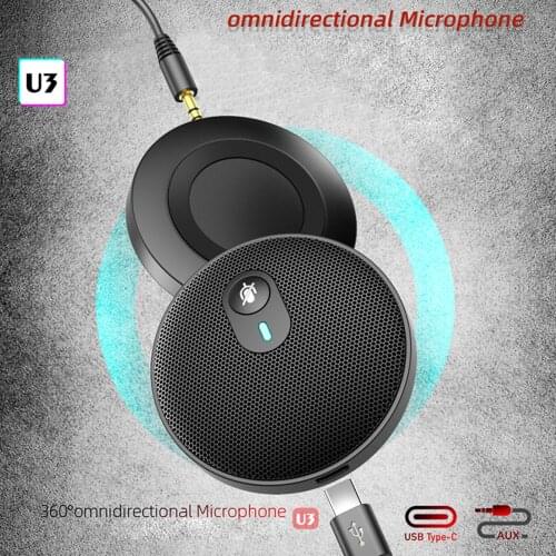 U3 USB 360° Omni-directional Condenser Microphone Sound Pick-up Mic for Business Meeting Live Broadcast AUX 3.5MM Type-C Cable