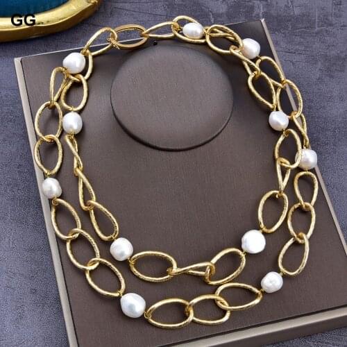 GuaiGuai Jewelry 39" 13-15MM Natural Baroque Keshi Pearl Gold Color Plated Chain Necklace For Women
