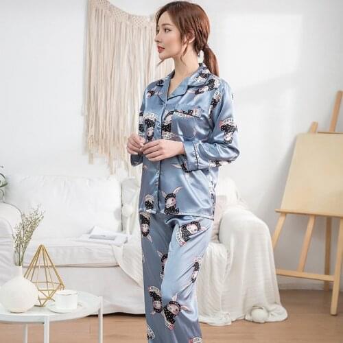 Women Silk Sexy Summer Long Pijiama Satin Floral Full Sleeve Pants Pajamas Gown Korean Two Piece Pajama Sets Pink Sleepwear