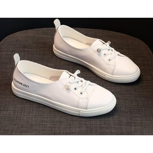 Women Sneakers Shoes 2021 Fashion Casual Solid White Lace Up Genuine Leather Anti-slip Flats Sports Sneakers Comfy Shoes Lady