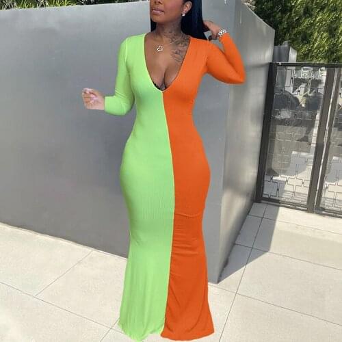 Women Plus Size Dress Color Block Long Sleeve Deep V-Neck Matching Stitching Hedging Tight Sex Long Maxi Dress
