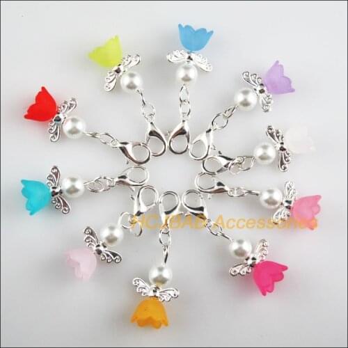10 New Tiny Angel 14x19mm Charms Mixed Flower Acrylic Silver Plated Retro With Lobster Claw Clasps