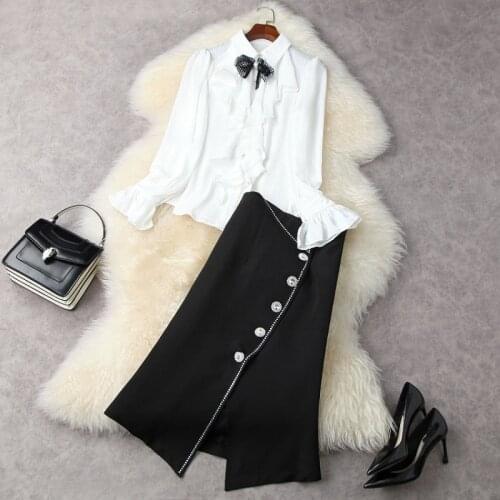 2021 Long - Sleeved Flouncy Bow Shirt Button-down Skirt Fashion Suits European and American Womens Wear for Spring