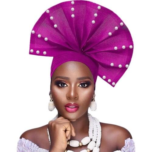 African Ready To Wear Fan Heatie Aso Oke Headtie With Beads For Women Free Shipping