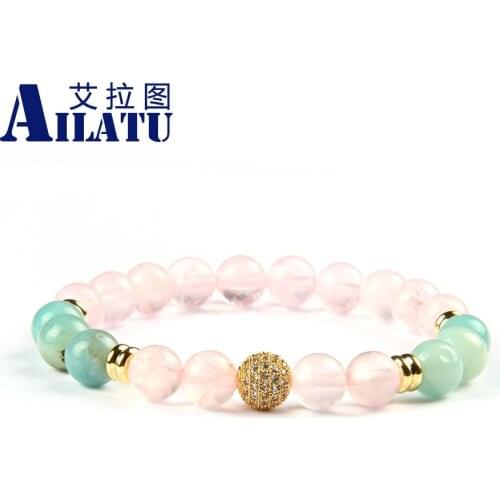 Ailatu Jewelry 10pcs/lot 8mm Natural Pink Crystal & Amazon Stone Beads with Cear Cz Ball Lucky Energy Bracelet for Girl Gift