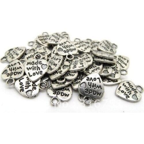 Free Shipping 100pcs Antique silver "Made with Love" Heart Charm Pendants 10x13mmJewelry Findings J0462