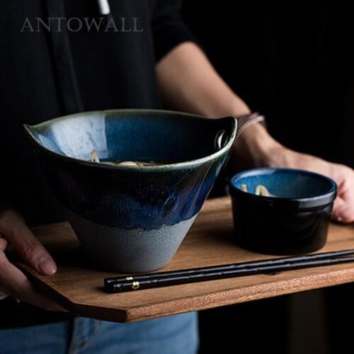 ANTOWALL European Style Deep Blue Personalized Bowl Double Hole Handle Ceramic Noodle Bowl Irregular Salad Large Bowl