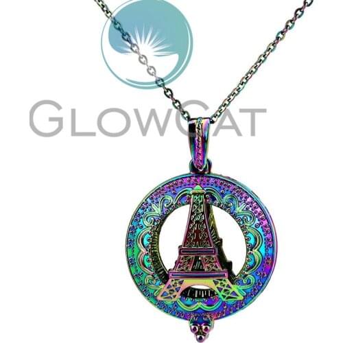 CC829 Rainbow Colors Flower Eiffel Tower Beads Cage Pendant Essential Oil Diffuser Aroma Pearl Cage Locket Necklace