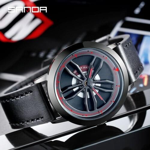 Fashion Rotating Wheel Dial Men Watches Creative Car Rim Sports Quartz Watches Waterproof Leather Band Watches Relogio Masculino
