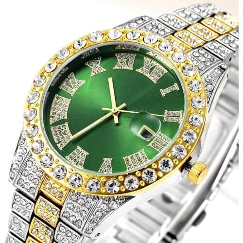 Full Iced Out Watch for Men Blue Red Green Dail Hip Hop Mens Watch Fashion Luxury Diamond Mens Watches Clocks Groomsmen Gifts