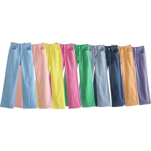 UNIQYB ZA Womens Pants Fashion Jean Pocket Solid Color Wide-leg Jeans Vintage High Waist Zipper Fly Female Denim Trousers Mujer