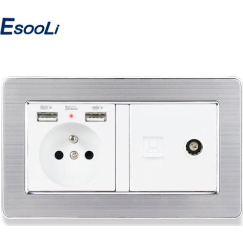 ESOOLI Stainless Steel Panel French Standard Electric Socket with 2 USB + RJ45 Internet Jack and Television Port Power Outlet