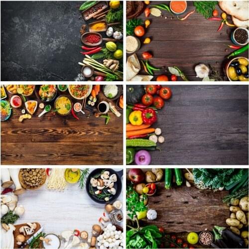 Laeacco Dark Wooden Board Food Vegetable Kitchen Elements Pattern Portrait Photography Backgrounds Photo Backdrops Photo Stadio