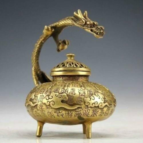 Arts Crafts Copper Exquisite Chinese Vintage Handwork Brass Carved Dragon Incense Burner