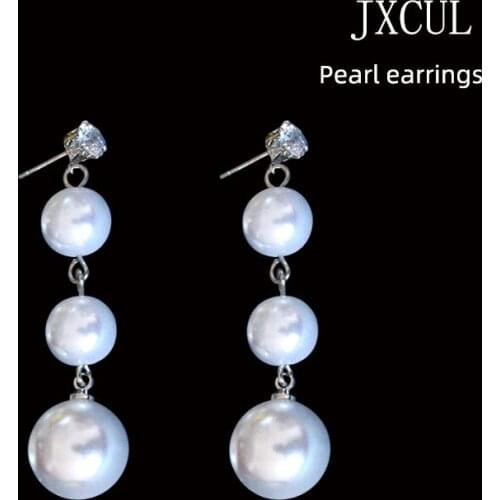 JXCUL Trend Simulation Pearl Long Earrings Female White Round Pearl Wedding Pendant Earrings Fashion Korean Jewelry Earrings