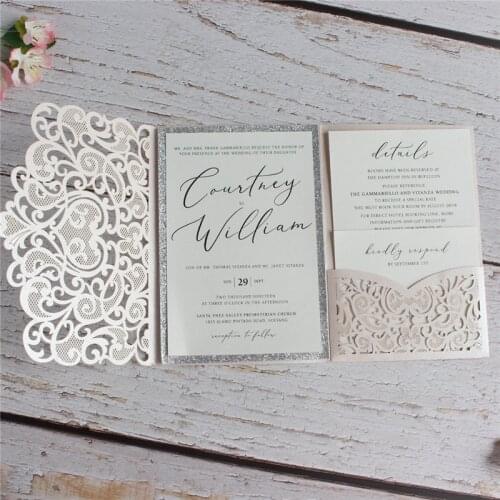 Wedding Invitation Envelope With Glitter Silver Border Insert Soft Pink Floral Heart Laser Cut Invite Holder