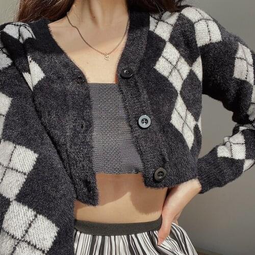 B-TOTO American Retro Black And Gray Hit Color Rhombus Sweater Jacket Female Ins Tide Short Knit Sweater 2021 New Fashion