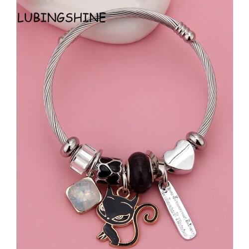 Cute Cat Pendant Stainless Steel Simple Personality Crystal Black Animal Adjustable Open Cuff Wire Bangle Jewelry for Girl Boys