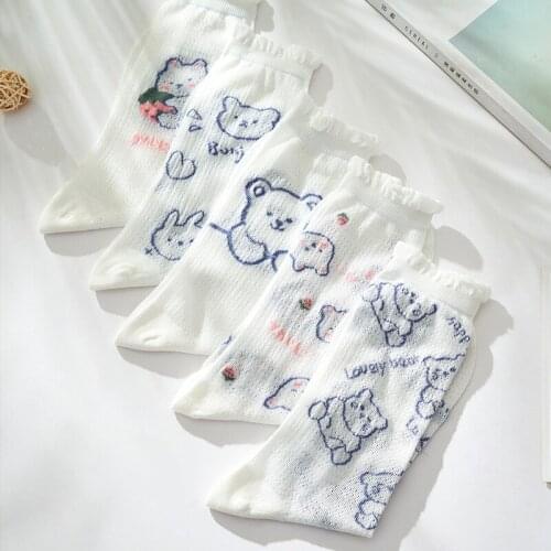 Summer Womens Cute Cartoon Design White In The Tube Socks Lolita Harajuku Mesh Ultra-Thin Breathable Cool Lovely Socks