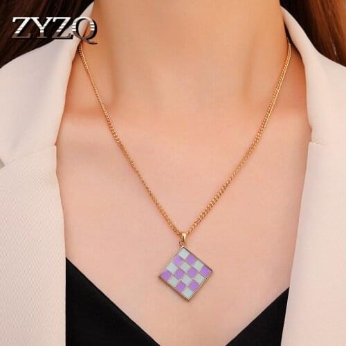 ZYZQ Fashion Color Oil Drop Checkerboard Pendant Necklace For Women Sweet Square Drawing Board Clavicle Chain Personality Jewelr
