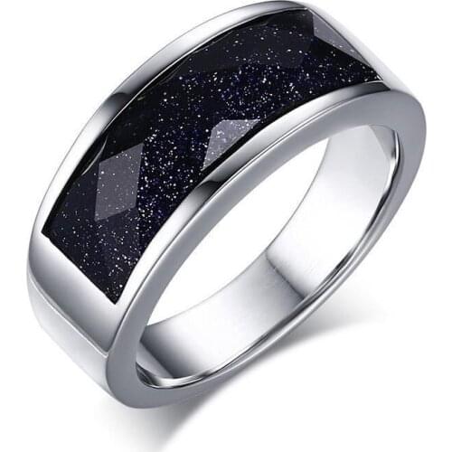 Mens Ring Blue Sandstone Ring 8mm Titanium Steel Engagement Ring