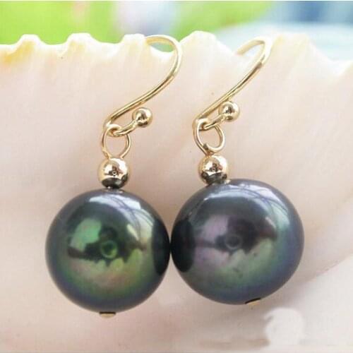 New Arrival Favorite Pearl Jewelry Real Natural 12mm Black Round Freshwater Pearls 14k Good Dangle Earrings Charming Lady Gift
