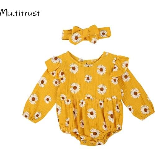 2020 Autumn Infant Baby Girls Bodysuits Sunflowers Print Ruffles Long Sleeve Bodysuits+Headband 2pcs Jumpsuits 0-24M