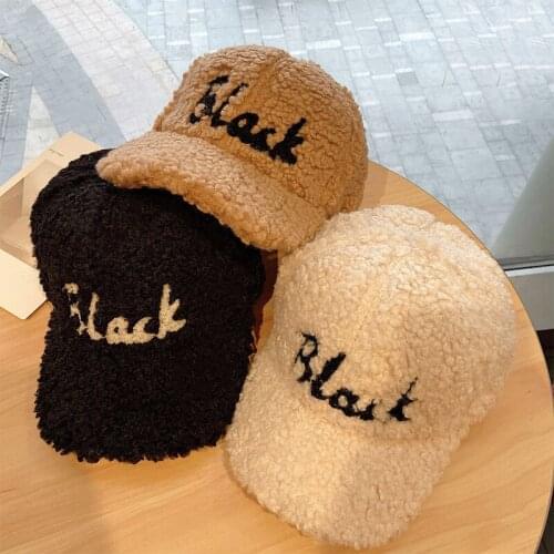Plush Embroidered Lettered Baseball Cap For Girls In Autumn And Winter Solid Color Imitation Woolen Hat Female Simple Hats