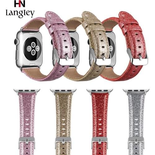 Genuine Leather Watchband For Apple Watch 5/4/3/2/1 Replacement Wristband 38MM 40 42 44 Strap Glitter Bracelet Band With Adapter