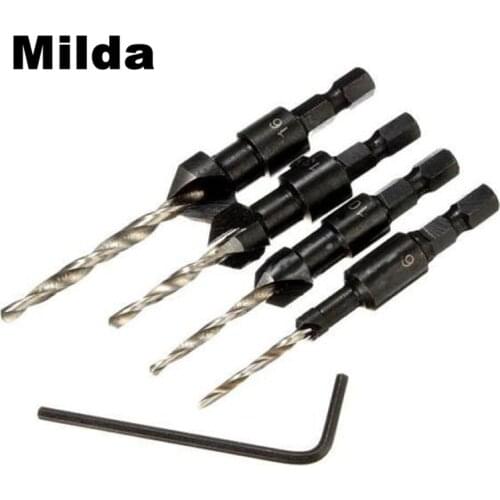 Milda 4pcs/set HSS Drill Bits Set Quick Change Hex Shank #6 #10 #13 #16 Countersink Drill Bit For Woodworking Tool