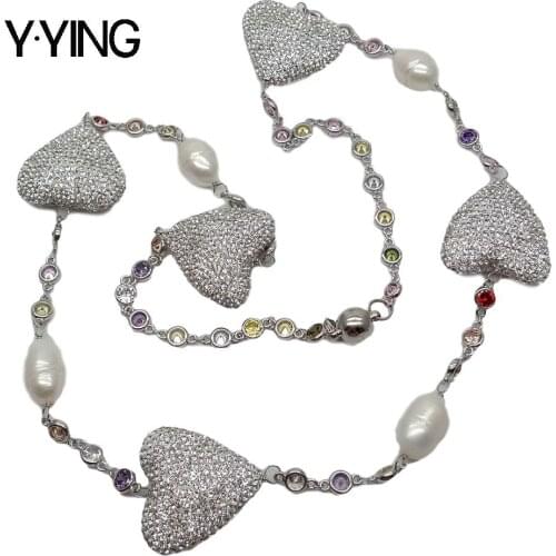 Y·YING white Color Crystal Pave Heart Shaped White freshwater Pearl sweater Chain Long Necklace romantic style for women