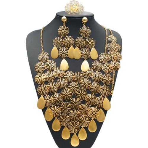 Yulaili Classic Style Combine Flowers and Leaves Design Big Pendant Necklace Earrings Bracelet RIng Dubai Gold Jewelry Sets