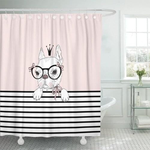 Pink Adorable Cute French Bulldog Princess Graphic Animal Accessories Shower Curtain Waterproof Polyester Fabric 72 x 72 Inches