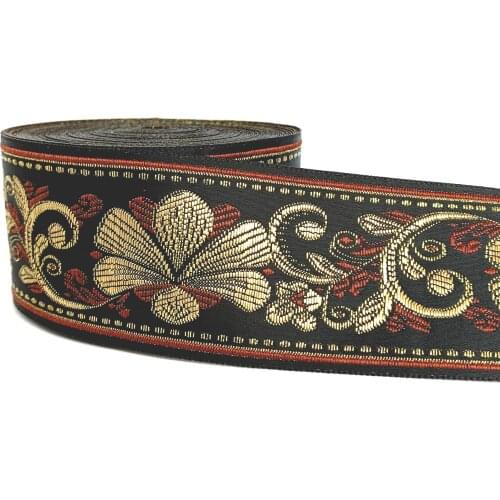 ZERZEEMOOY 2" 5cm 10yard/lot High Quality Satin Woven Jacquard Ribbon Black Background Gold Flowers Pattern MZZD19092405