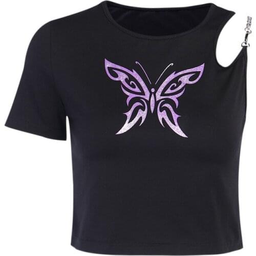 Fanco 2020 Women Summer T-shirt Black New Personality Butterfly Printing Single Shoulder Hollow Chain Short Sleeve Top Female
