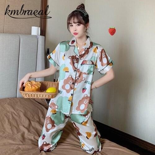 Womens Pajamas Summer Thin Section Two Pants Short-sleeved Sleepwear Ice Silk Leisurewear Suit Clothing Sets 2 Pieces Big Yards