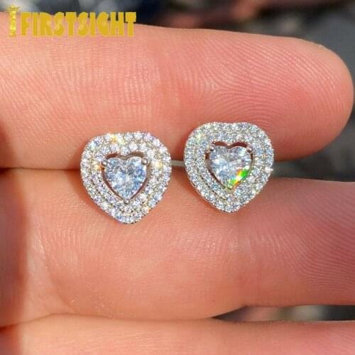 2021 New Heart Shaped CZ Stud Earrings For Women Hip Hop Jewelry Iced Out Bling Deluxe Boucles 5A Zirconia CZ Earrings