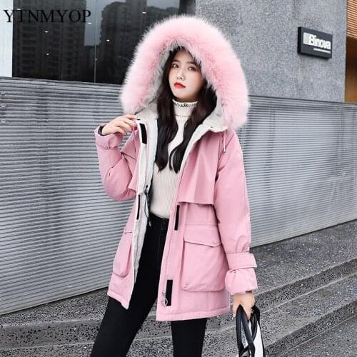 YTNMYOP Winter Coats Female Cotton Padded Clothing Snow Wear Warm Jackets Women Large Fur Collar Hooded Parkas With Big Pockets